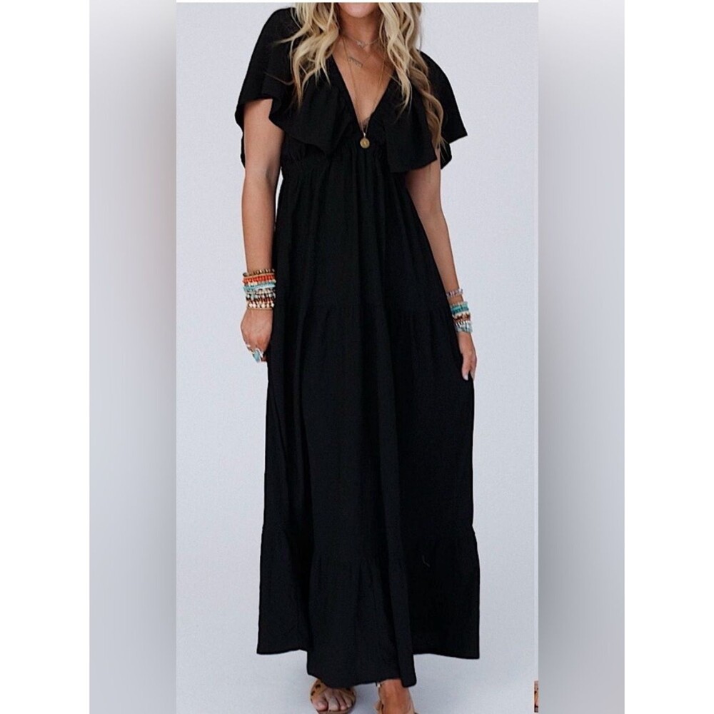 Three Bird Nest On Repeat Open Back Boho Ruffle Black Maxi Dress